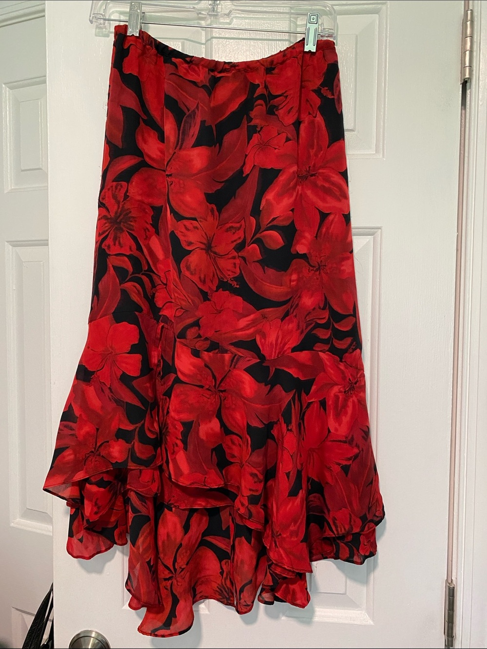 Chico's Black and Red Floral High-Low Ruffle Skirt